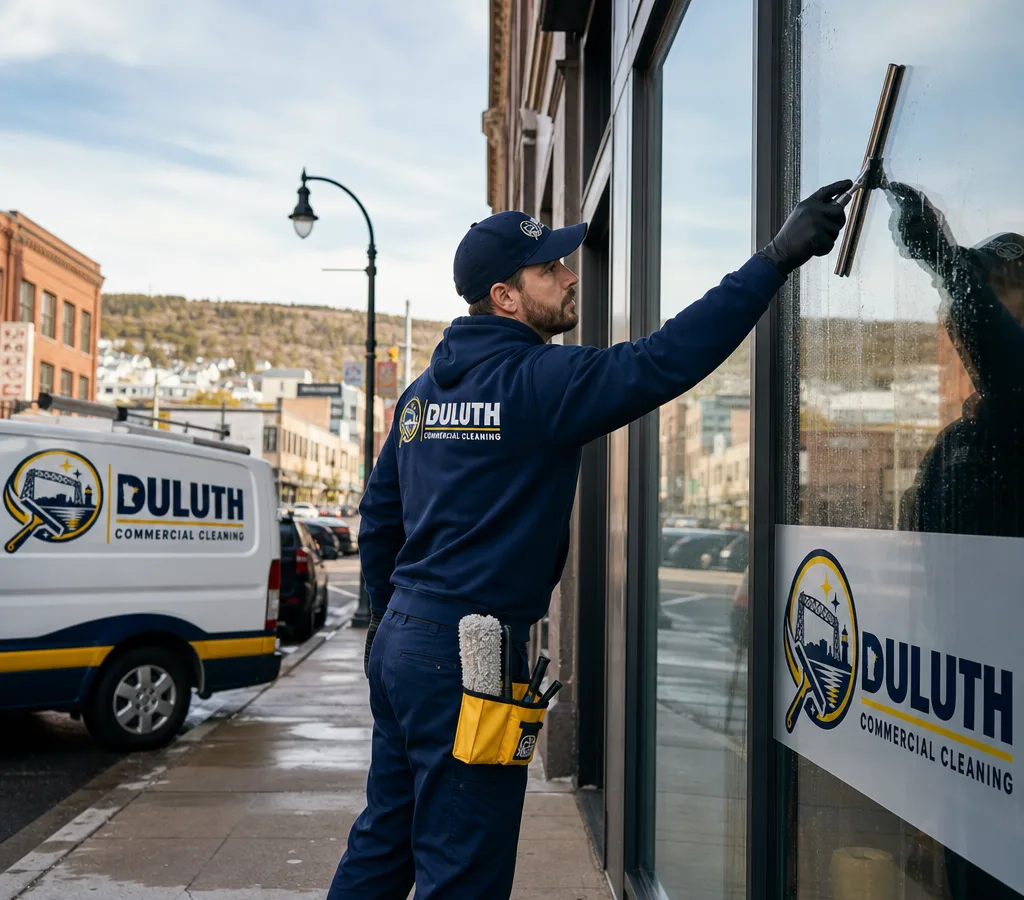 Technician cleaning large ground-floor storefront windows on a Duluth commercial street