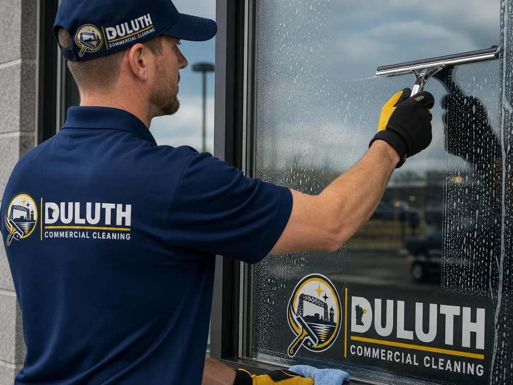 Close-up of squeegee technique and towel detailing on commercial glass