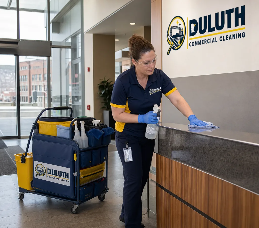 Professional cleaner restocking supplies and wiping a high-touch lobby counter in a modern Duluth commercial building