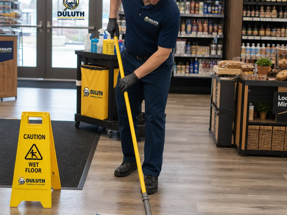 Cleaner performing commercial floor care with a microfiber flat mop on LVT in a retail aisle