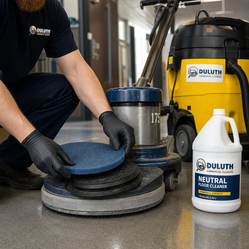 Floor technician changing pads on a low-speed floor machine beside labeled neutral cleaner and commercial recovery equipment