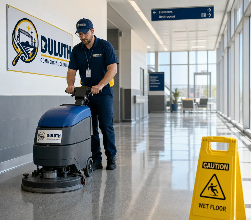 Technician performing commercial floor scrubbing in a large corridor with safety signage and a clean, dry finish