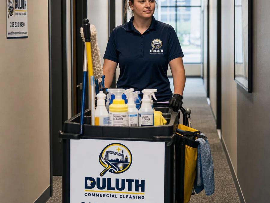 Uniformed janitorial technician moving organized cleaning tools through a commercial hallway