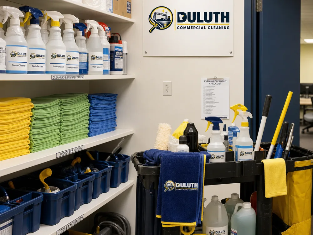 Organized janitorial closet with labeled bottles, color-coded microfiber cloths, and a staged cleaning cart